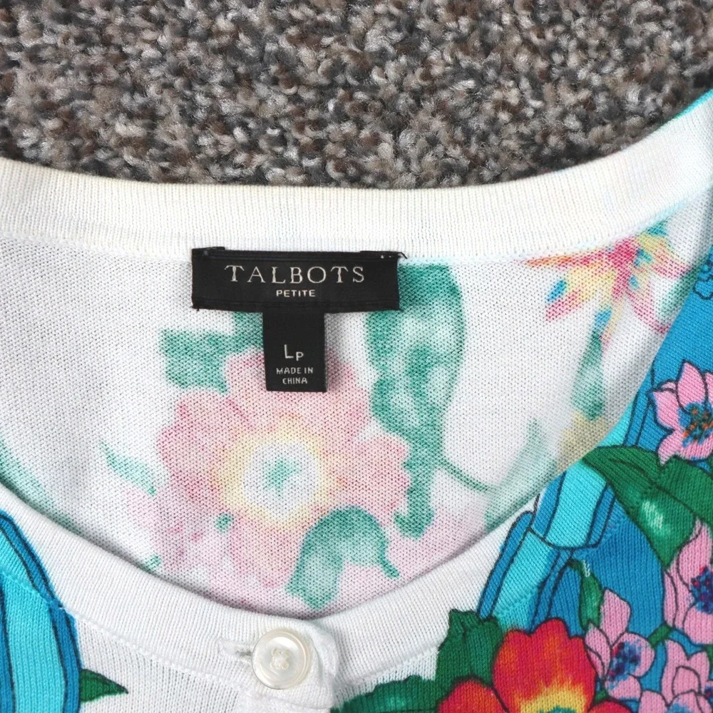 Talbots Women's Aqua Teal Floral Garden Print Button Front‎ Cardigan Sweater LP